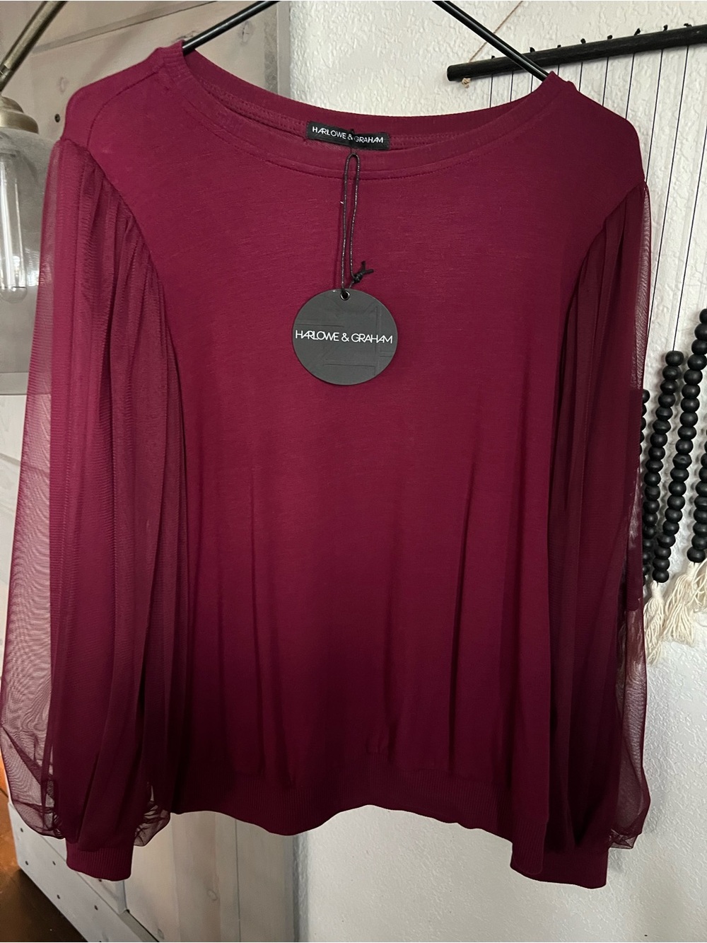 Harlowe & Graham Burgundy Sheer Mesh Sleeve Pullover